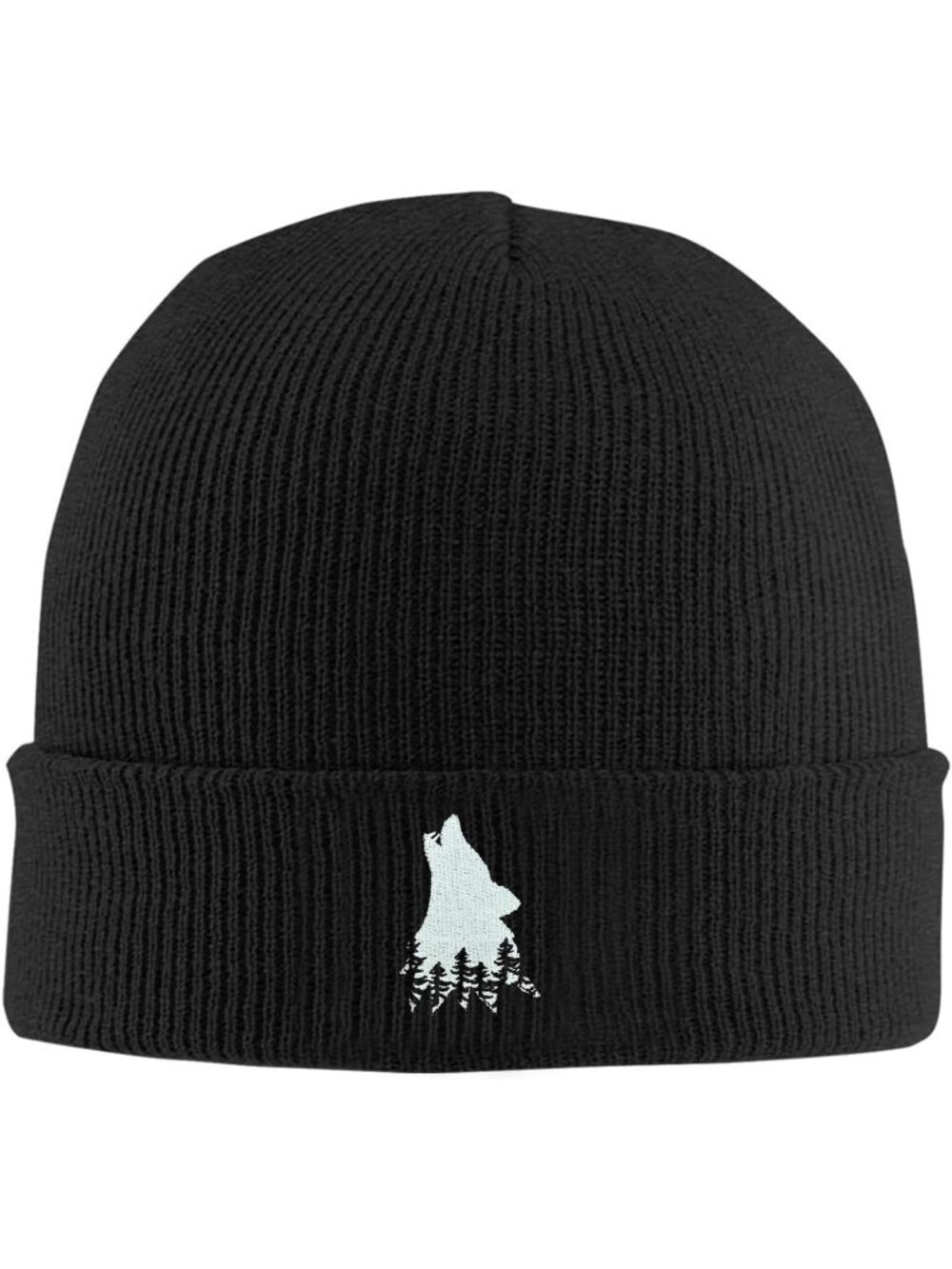 Unisax Black Wolf Tree Embroidery Beanie Halloween Winter Warm Cuffed Skull Cap